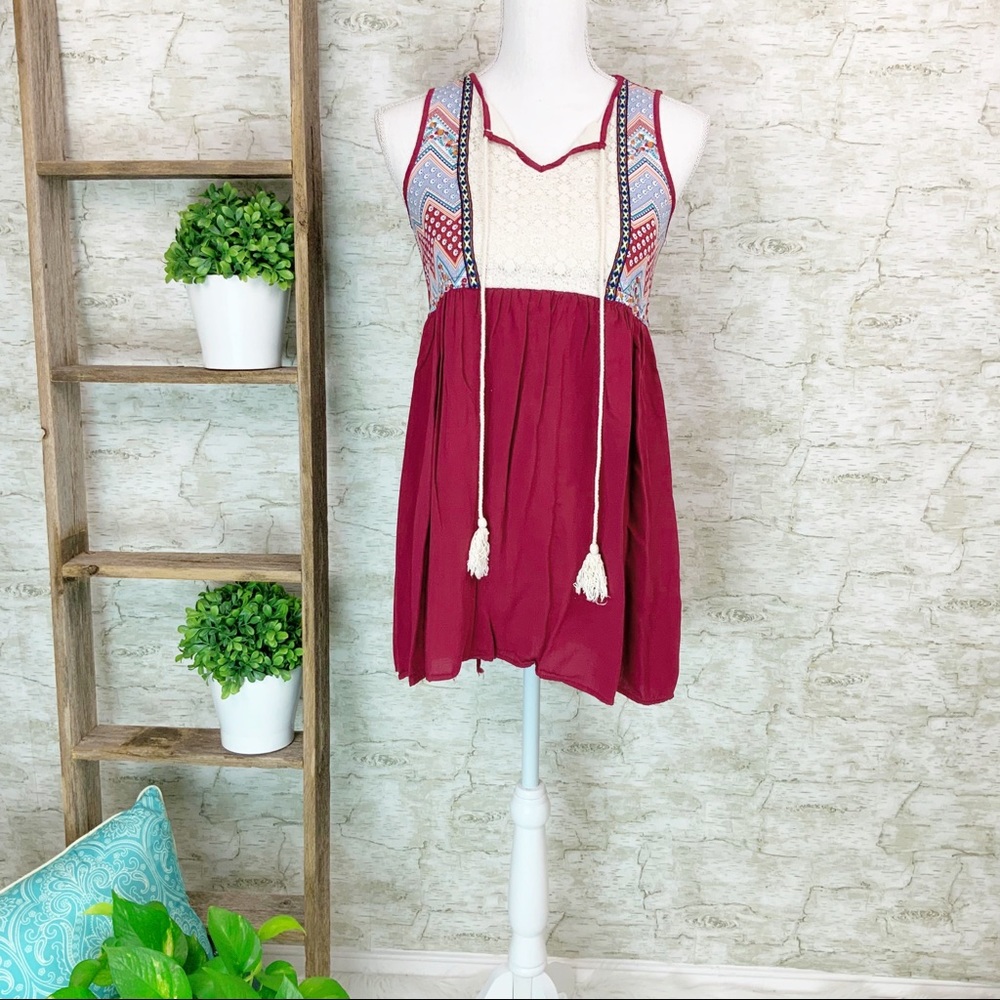 Altard State | Boho Maroon lace Tassel Top Size XS